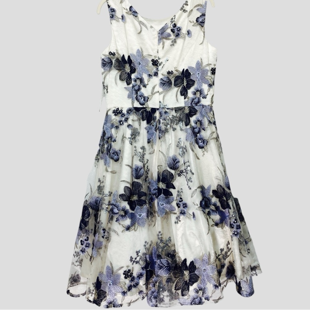 Tahari ASL‎ Embroidered Mesh Dress 8 Blue Silver Fairy Garden Prom Y2K Revival - Picture 4 of 12